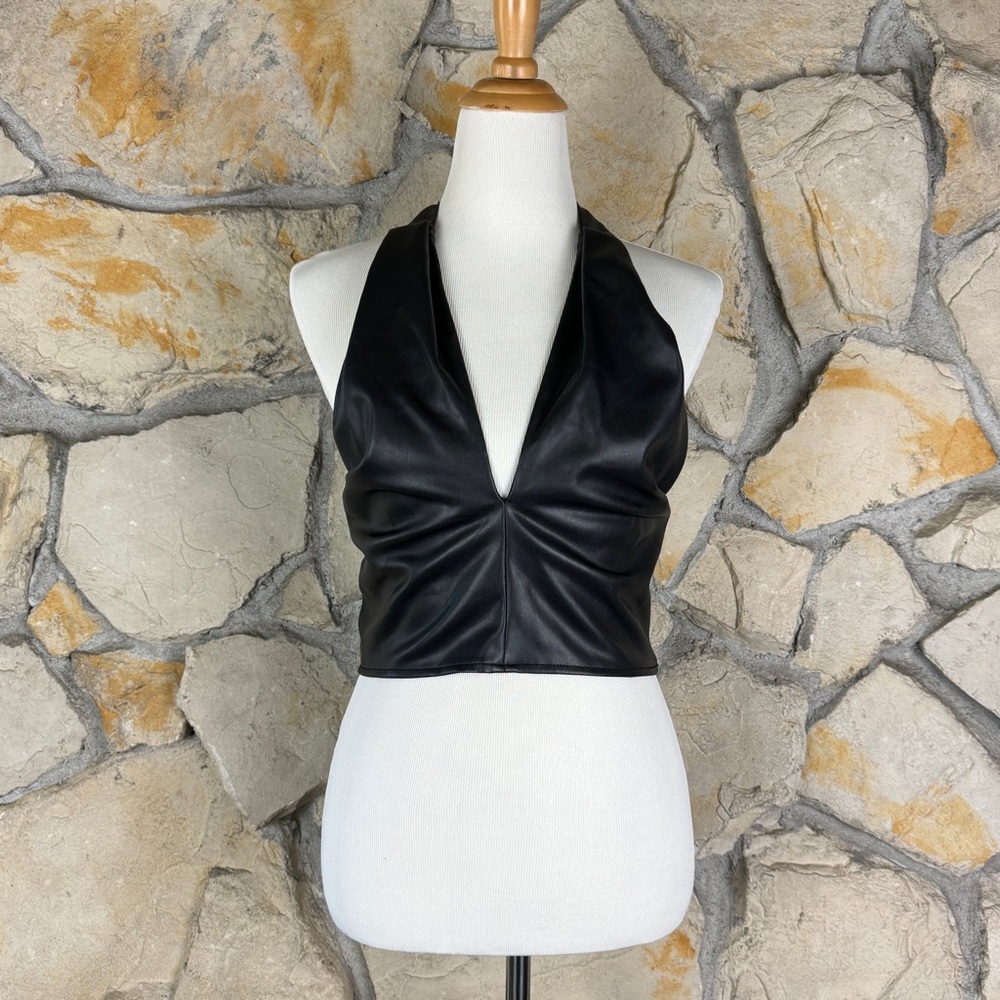 NWT STAUD Kai Vegan Leather Halter Top Black | 12